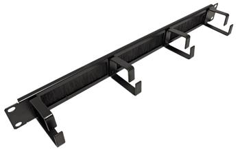 19'' vyvazovací panel 1U, jednostranný, průchozí s kartáčem, 4x třmen, černý