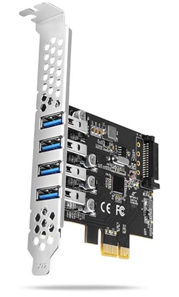 AXAGON PCEU-43RS, PCIe řadič, 4x USB 3.2 Gen 1 port, 5 Gbps, napájení z PCIe nebo SATA, SP & LP