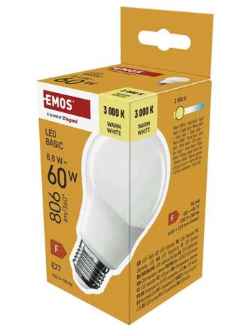 Emos LED žárovka Basic A60 / E27 / 8,8 W (60 W) / 806 lm / teplá bílá