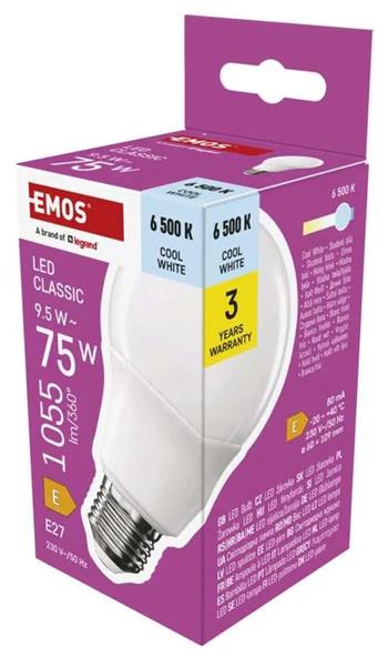 Emos LED žárovka Classic A60 / E27 / 9,5 W (75 W) / 1055 lm / studená bílá