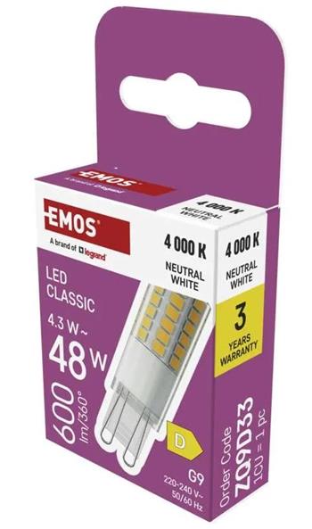 Emos LED žárovka Classic JC / G9 / 4,3 W (48 W) / 600 lm / neutrální bílá ZQ9D33