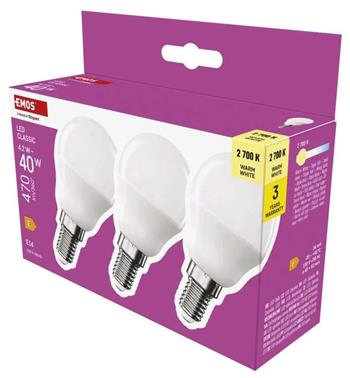 Emos LED žárovka Classic Mini Globe / E14 / 4,2 W (40 W) / 470 lm / teplá bílá 3ks