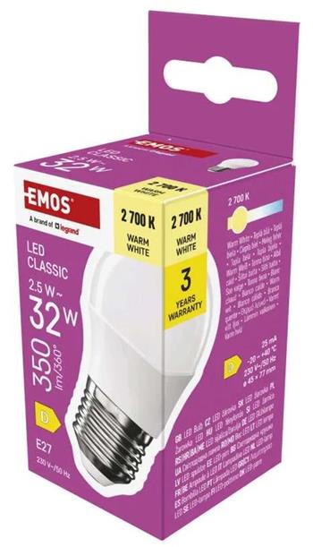 Emos LED žárovka Classic Mini Globe / E27 / 2,5 W (32 W) / 350 lm / teplá bílá