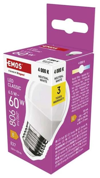 Emos LED žárovka Classic Mini Globe / E27 / 6,5 W (60 W) / 806 lm / neutrální bílá