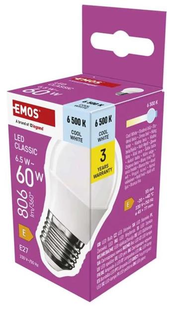Emos LED žárovka Classic Mini Globe / E27 / 6,5 W (60 W) / 806 lm / studená bílá