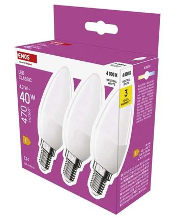 Emos LED žárovka Classic svíčka / E14 / 4,2 W (40 W) / 470 lm / neutrální bílá 3ks