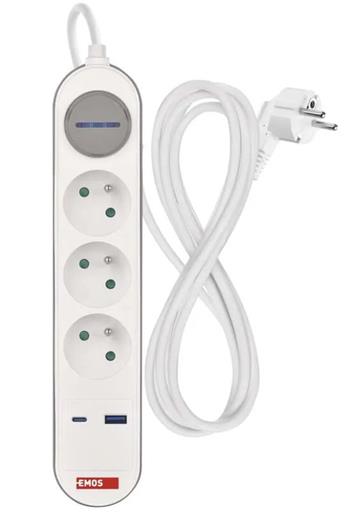 Emos P1312FC Prodlužovací kabel 2 m / 3 zásuvky / s vypínačem / bílý / 1×USB-A + 1×USB-C / 1,5 mm2