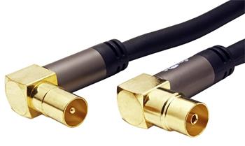 Kabel anténní TV, 135dB, 4x stíněný, zlacený, IEC169-2, M-F lomené konektory, 2m, + redukce M-M