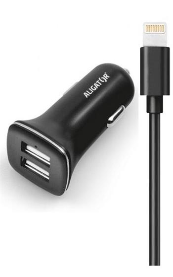 Nabíječka do auta ALIGATOR pro iPh 5/6/7/8 s 2xUSB výstupem 2,4A, Turbo charge, černá