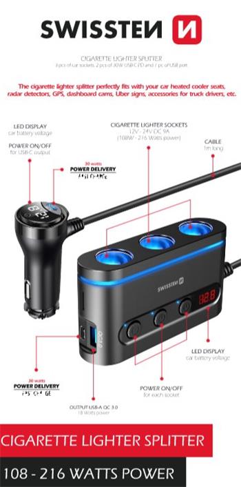 SWISSTEN AUTOADAPTÉR S VÝSTUPEM 3x CL, 2x UCB-C PD a 1x USB-A QA 3.0, 108W - 216W