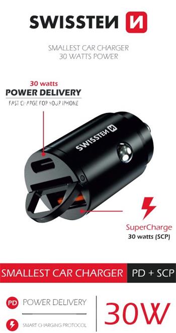 SWISSTEN CL ADAPTÉR POWER DELIVERY USB-C + SUPER CHARGE 3.0 30W NANO ČERNÝ