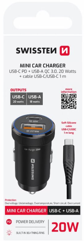 SWISSTEN CL ADAPTÉR USB-C PD + USB-A, 20W ČERNÝ + KABEL USB-C / USB-C, 1 M