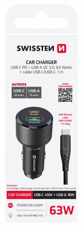 SWISSTEN CL ADAPTÉR USB-C PD + USB-A, 63W ČERNÝ + KABEL USB-C / USB-C, 1 M