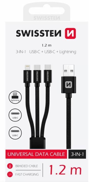 SWISSTEN DATOVÝ KABEL TEXTILE 3in1 1,2 M ČERNÝ (Lightning, 2x USB-C)