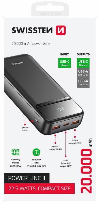 Swissten Power bank 20000 mAh POWER LINE II - černá