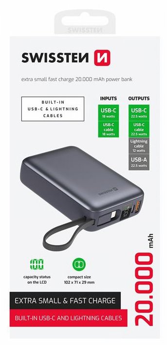 Swissten Power bank 20000 mAh s integrovanými kabely - USB-C, A, Lightning / šedá