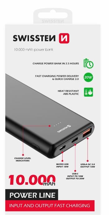 SWISSTEN POWER LINE POWER BANK 10000 mAh 20W POWER DELIVERY BLACK