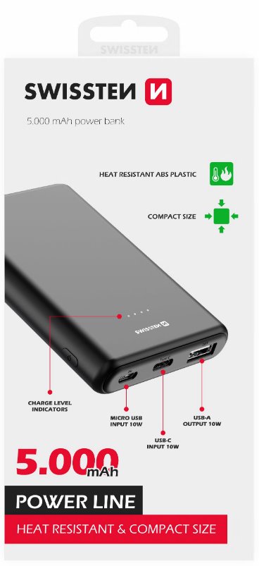 SWISSTEN POWER LINE POWER BANK 5000 mAh 10W BLACK