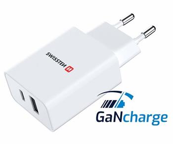 SWISSTEN Síťový adaptér 30W, 2 porty, USB-C, USB-A, GaN rychlonabíjení