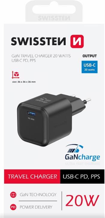SWISSTEN SÍŤOVÝ ADAPTÉR GaN 1x USB-C 20W POWER DELIVERY ČERNÝ