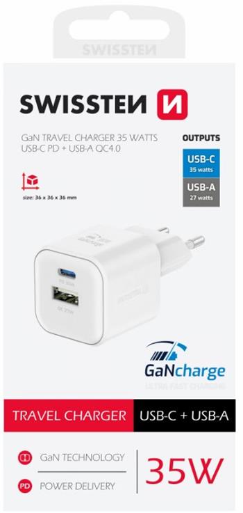 SWISSTEN SÍŤOVÝ ADAPTÉR GaN 1x USB-C 35W PD + 1x USB-A 27W QC BÍLÝ