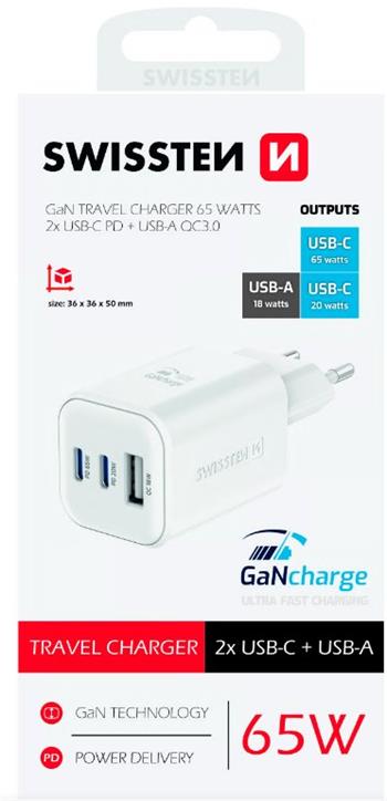 SWISSTEN SÍŤOVÝ ADAPTÉR GaN 2x USB-C 65W PD + 1x USB-A 18W QC BÍLÝ