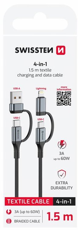 TEXTILNÍ DATOVÝ KABEL SWISSTEN 4in1, 3A 1,5 M ČERNÝ