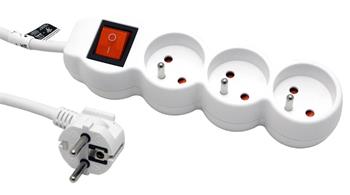 Vícenásobná zásuvka 230V/16A, 3x CZ, CEE 7/7(M) - 3x 7/5(F), vypínač, bílá, 1,5m